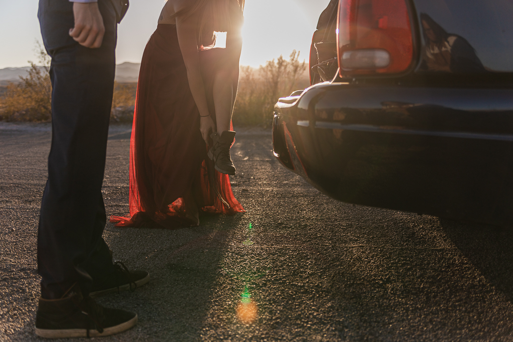 an eloping couple getting ready for their adventure