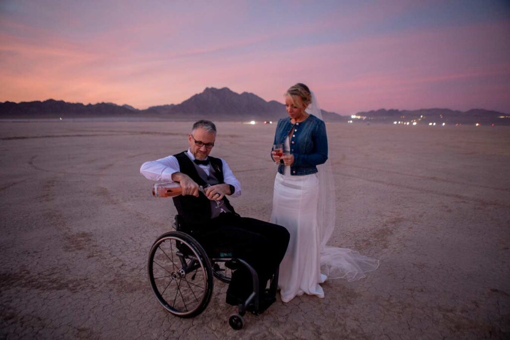 dry lake bed elopement champagne toast